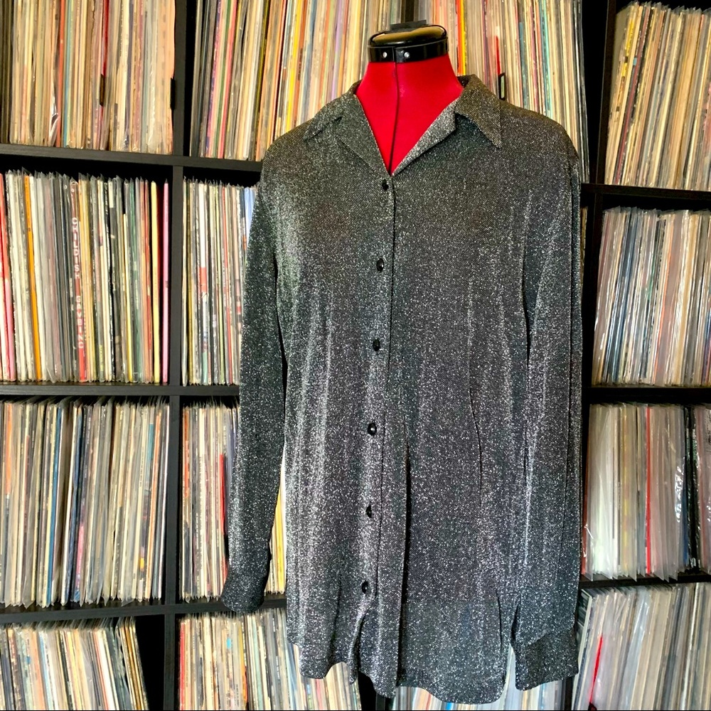 Vintage Silver Disco Button Down Pointed Collar 7… - image 1